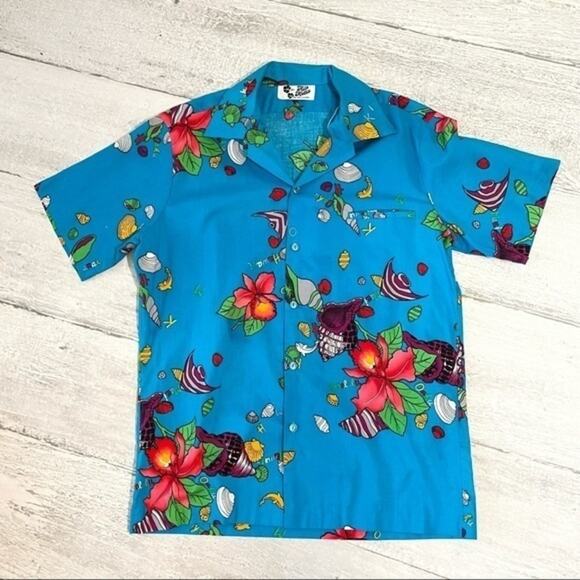 Hilo Hattie Hawaiian Shirt Button Down Blue Floral Vintage Shirt - Picture 1 of 8